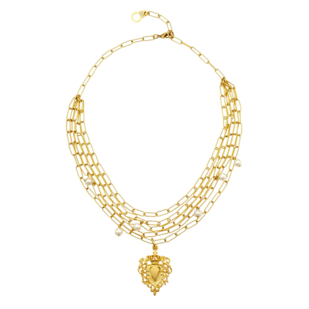 Gold Multi-Strand Nantes Chain With Pearl Accents + Vintage Hear Fob Medallion Necklace