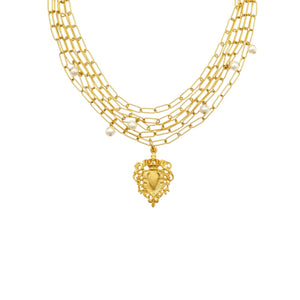 Gold Multi-Strand Nantes Chain With Pearl Accents + Vintage Hear Fob Medallion Necklace