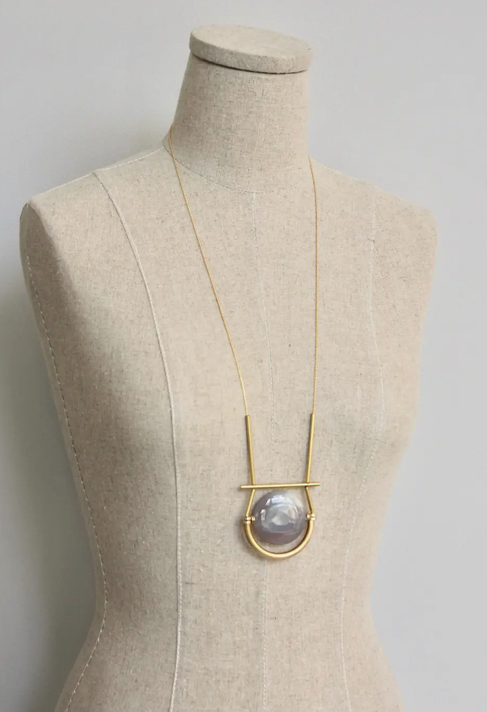 Gold Geometric Gray Agate and Brass Necklace