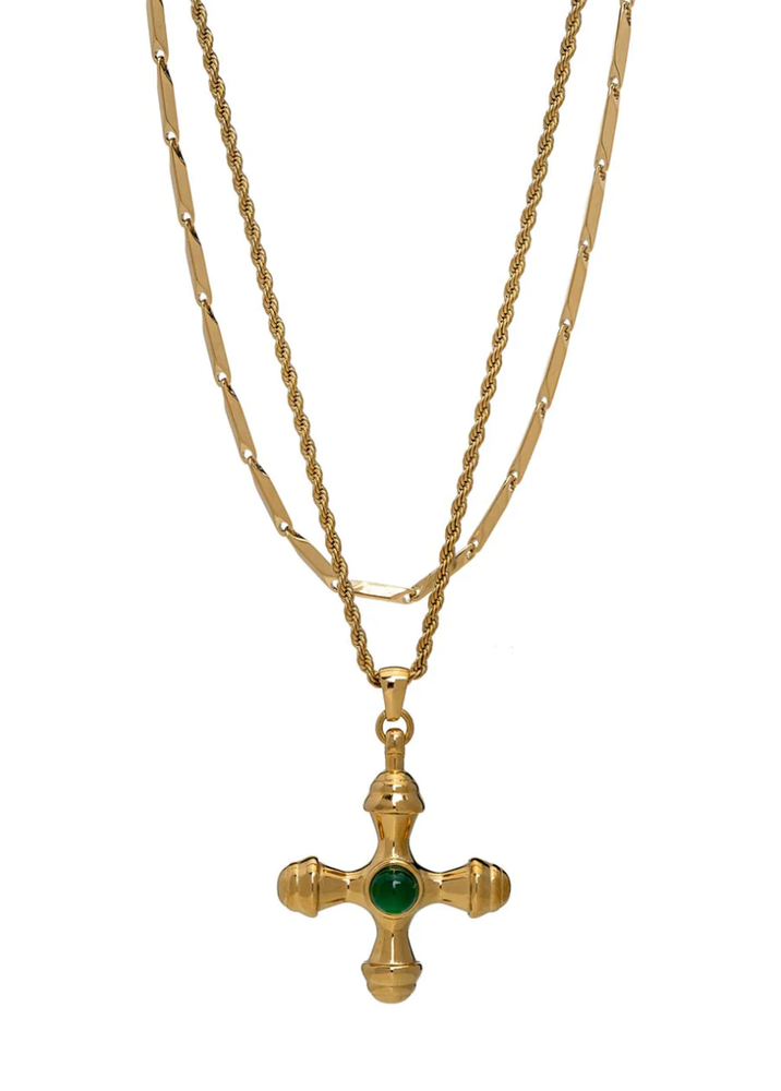 
            
                Load image into Gallery viewer, Gold Double Strand Cross Water Resistant Necklace
            
        