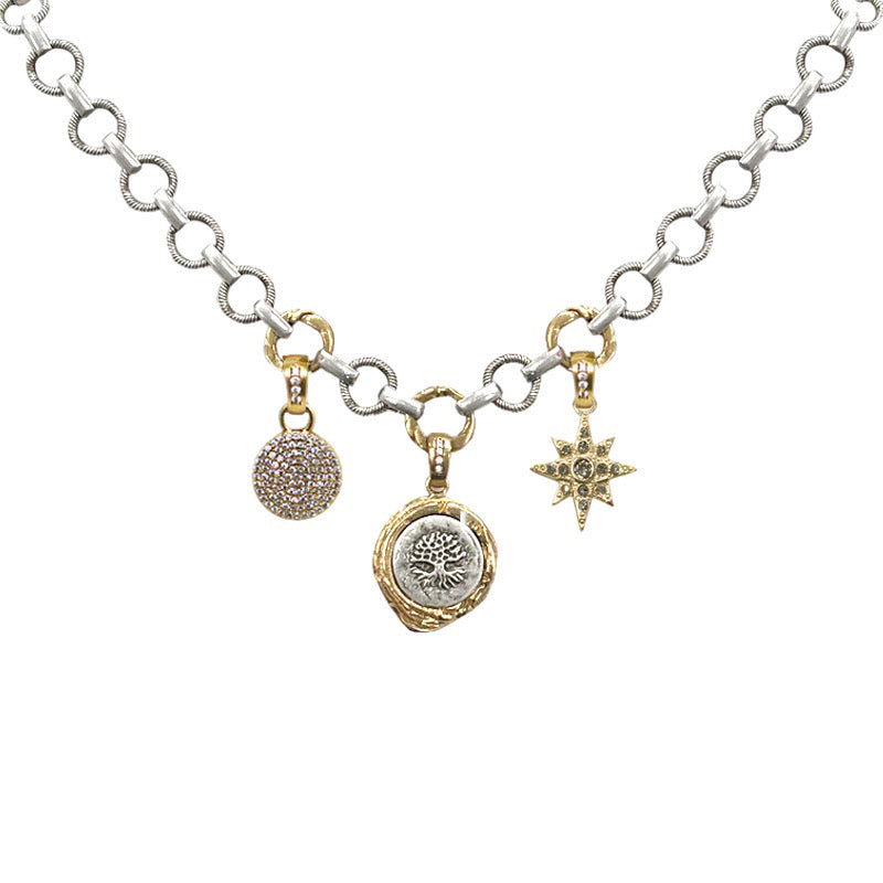 
            
                Load image into Gallery viewer, Vintage Silver Flat Ring Triple Charm Guna &amp;amp; Starburst Necklace
            
        