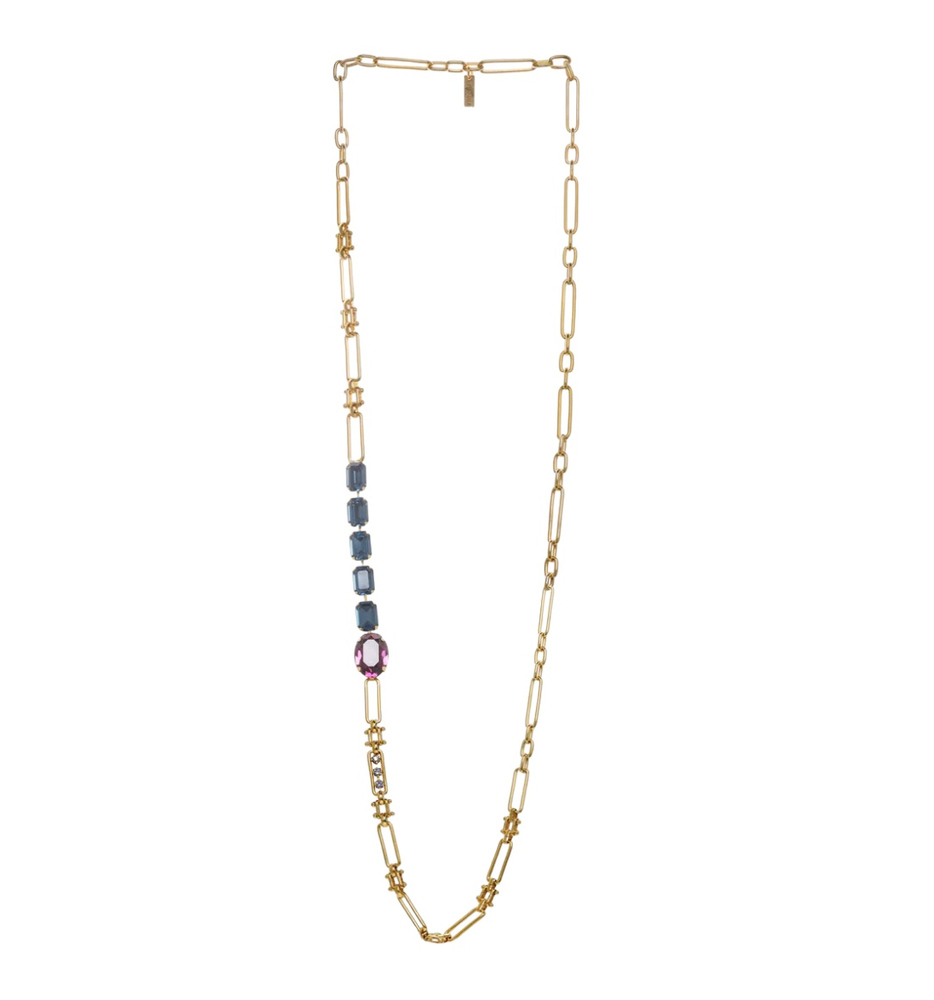 Long Gold Navy and Fuschia Crystal Layering Necklace