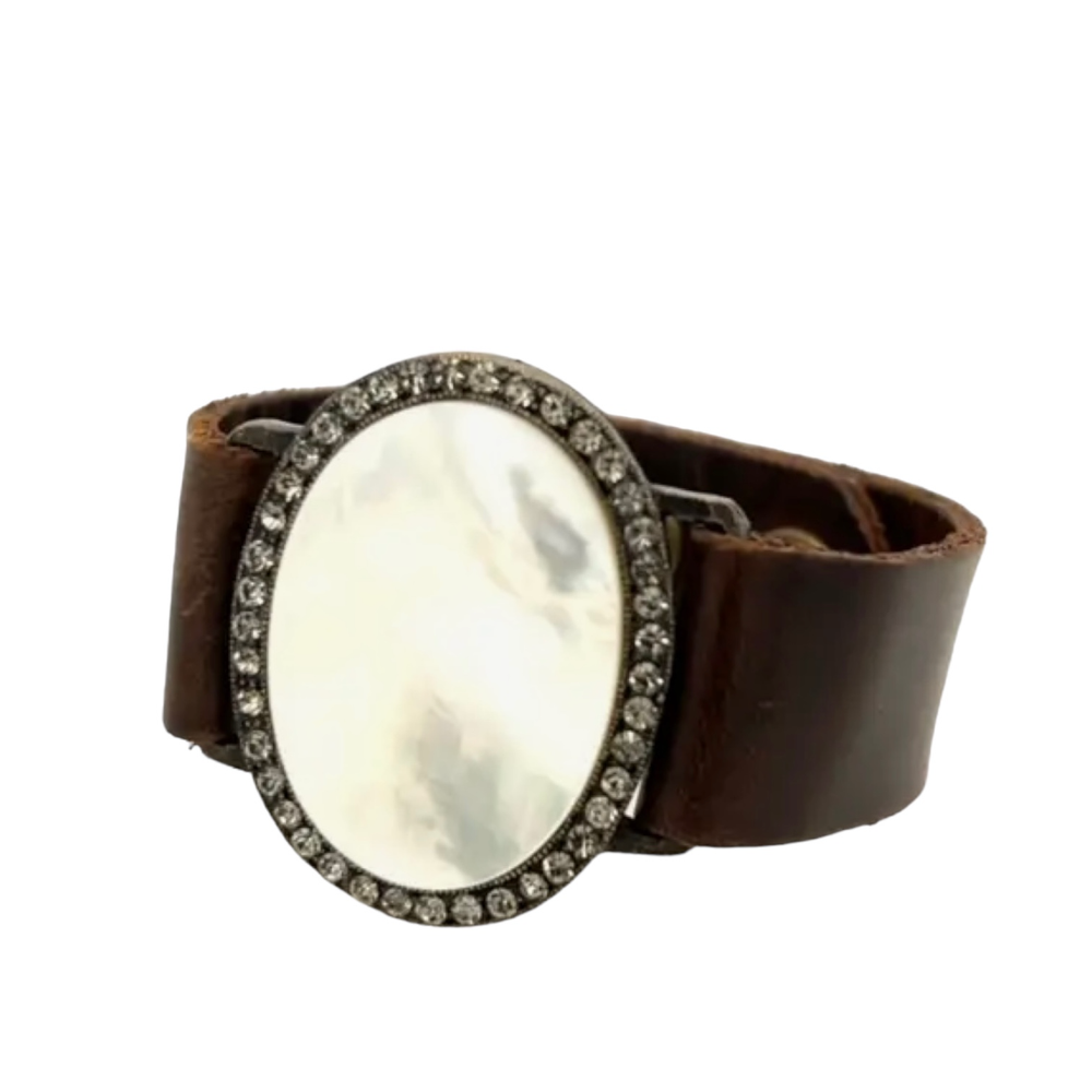 Small Oval Cabochon With Mother Of Pearl Brown Italian Leather Bracelet