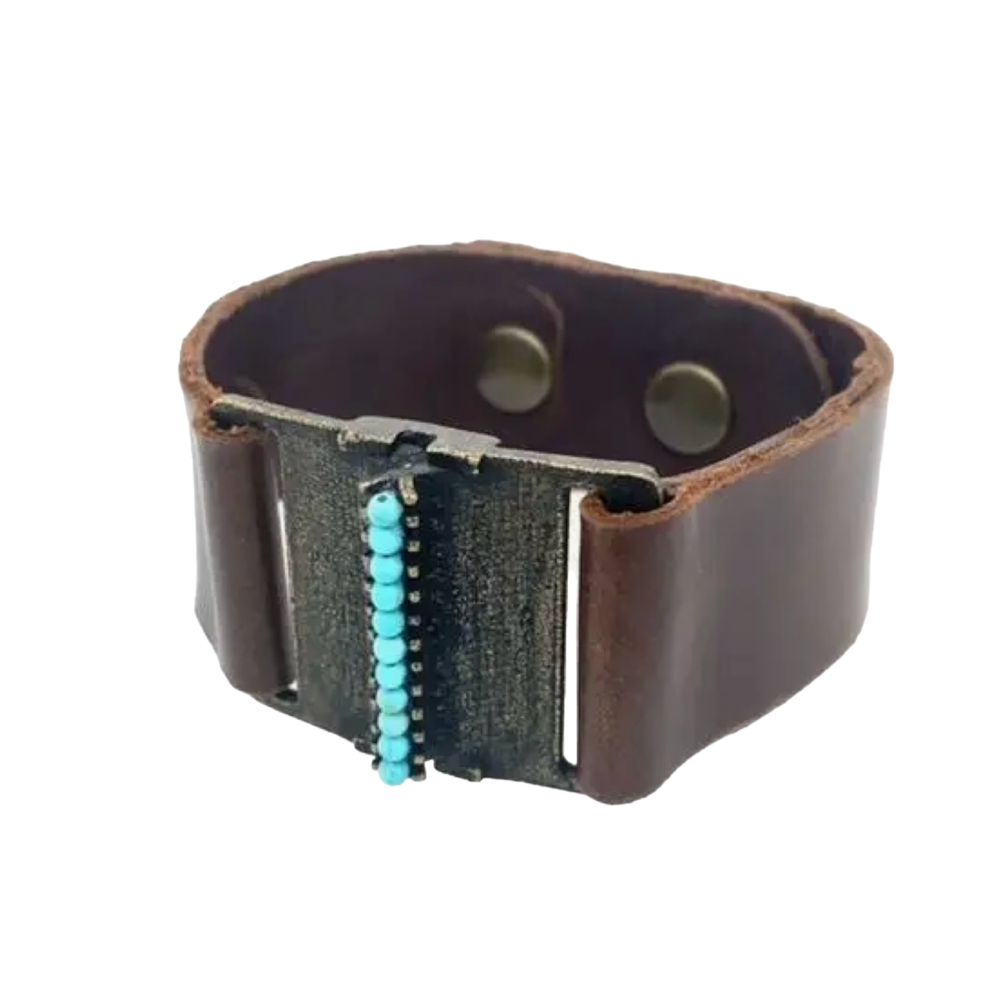 Antique Brass Brown Turquoise Leather Bracelet