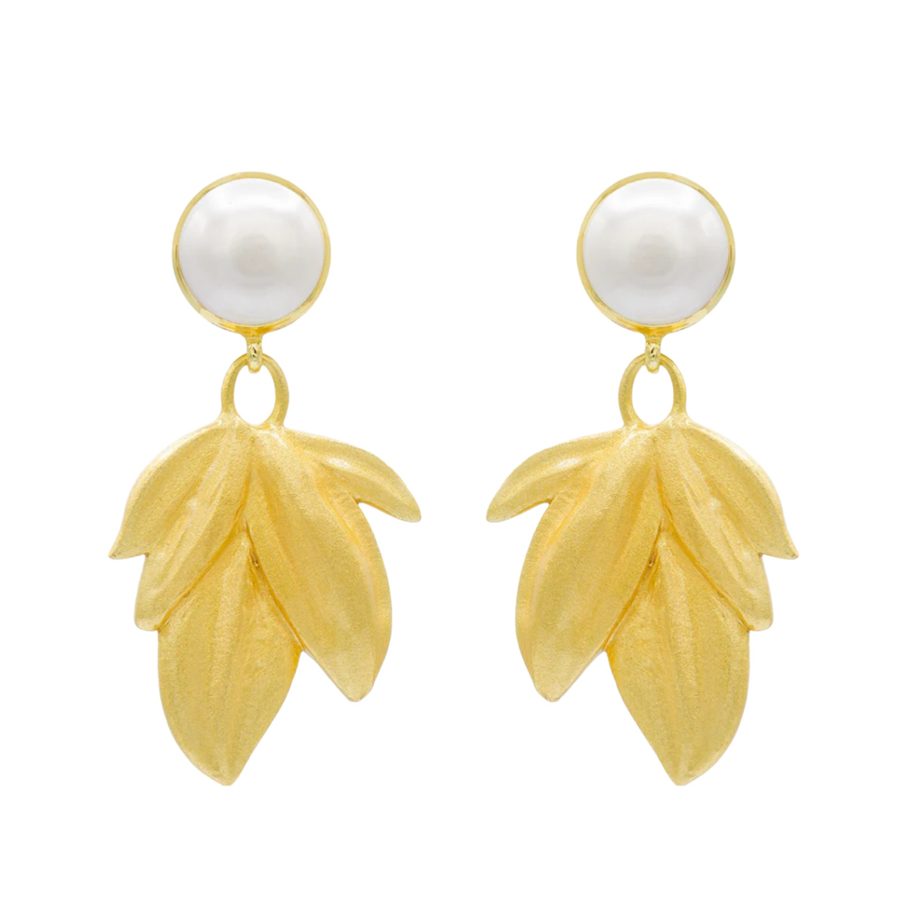 Gold Pearl Leaf Earrings