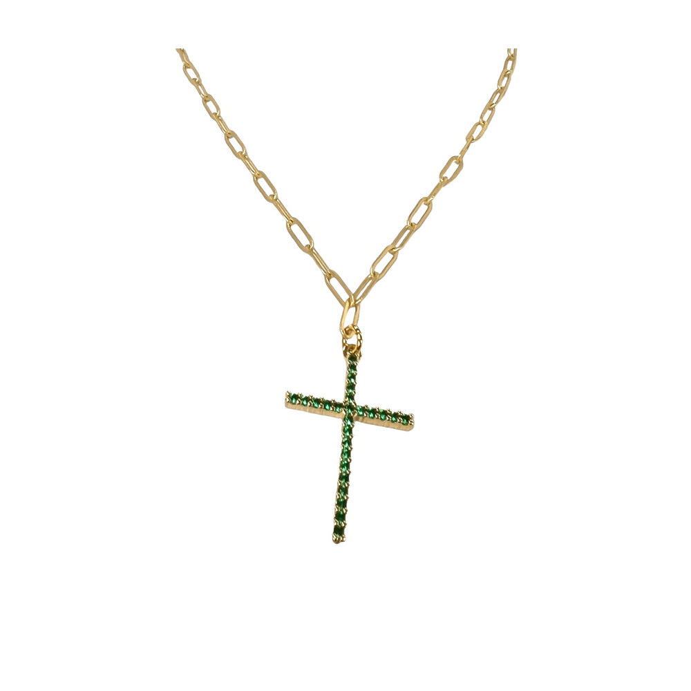 Gold Emerald Green Cross Pendant Necklace