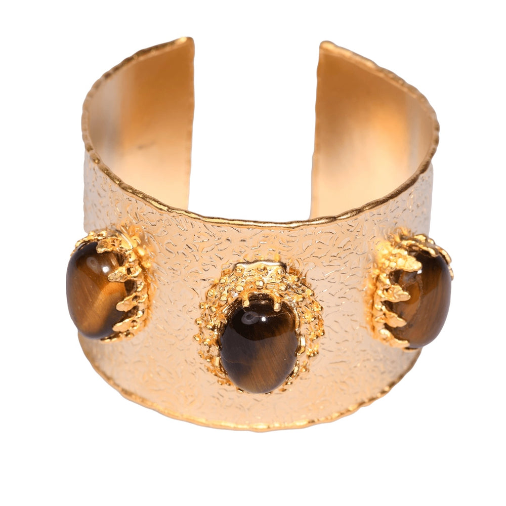 Gold Statement Cuff Bracelet - Bold Tiger Eye Stone Design - Sage Accessories