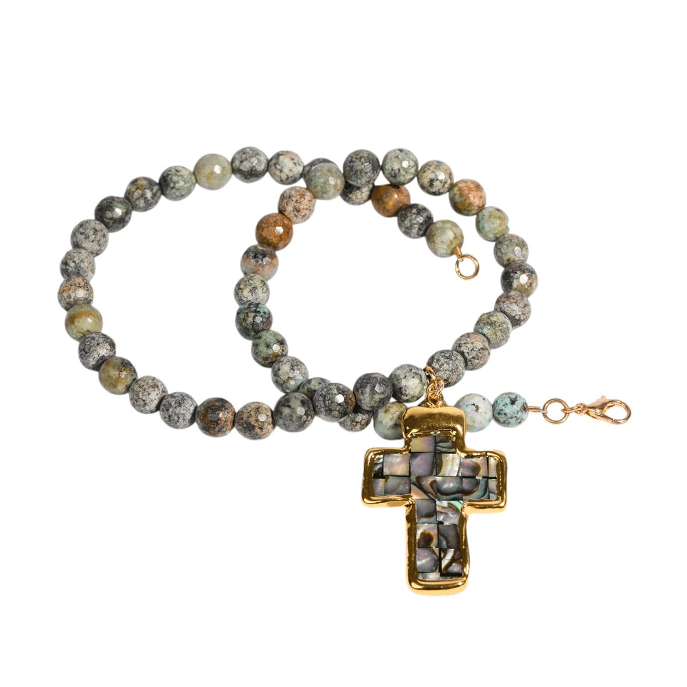 African Turquoise Necklace with Abalone Cross - Sage Accessories