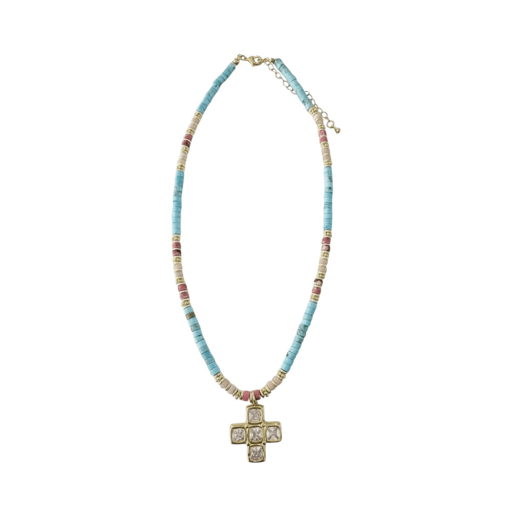 Turquoise Necklace with Cubic Zirconia Cross - Sage Accessories