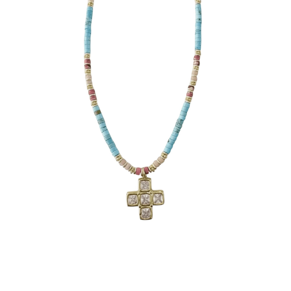 Turquoise Necklace with Cubic Zirconia Cross - Sage Accessories