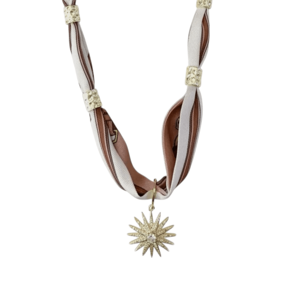 Scarf Necklace with Gold Charms - Neutral Tones - Sage Accessories