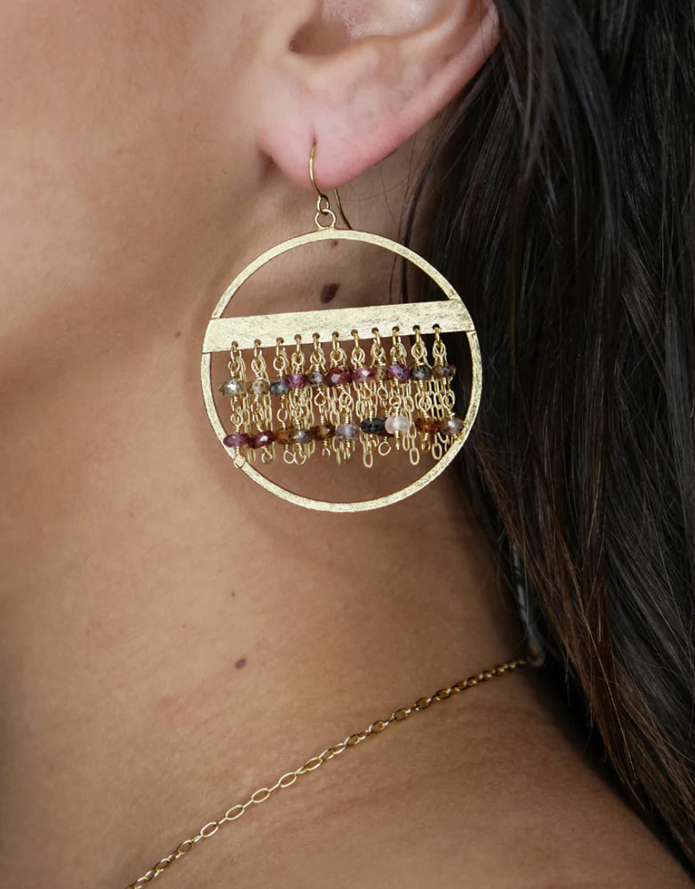 
            
                Load image into Gallery viewer, Gold Circle MultiGarnet Fringe Statement Earrings
            
        