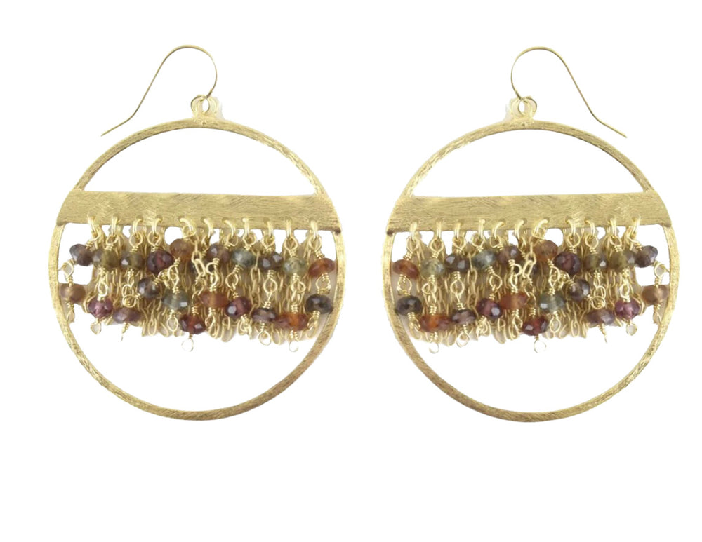 
            
                Load image into Gallery viewer, Gold Circle MultiGarnet Fringe Statement Earrings
            
        