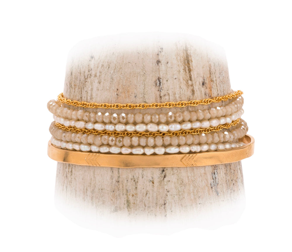 14k Gold Filled Double Wrapped With Strands of Pearls, and Quartz Bracelet